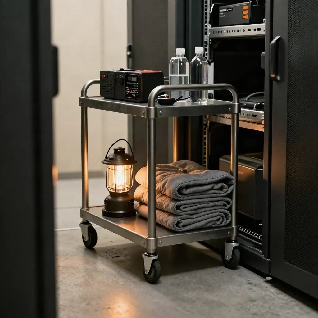 Chariot de crise avec lampe, radio et couvertures près d’une porte serveur sombre.