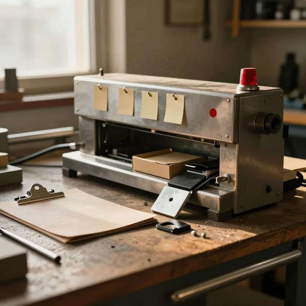 Bench d’atelier PME avec garde-machine, étiquettes d’inspection et boîte de pièces.