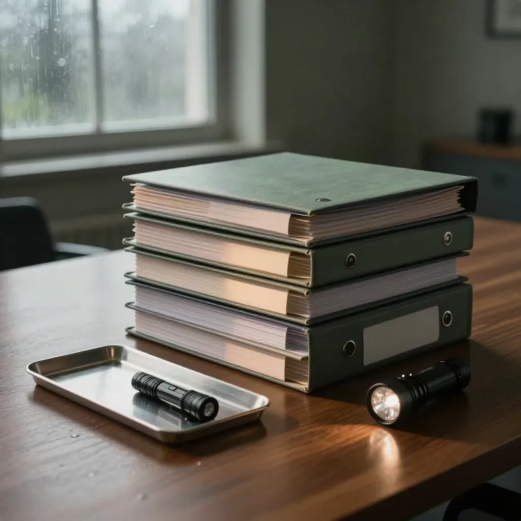 Audits de risques sur table de réunion, lumière d’orage au matin, ambiance premium.