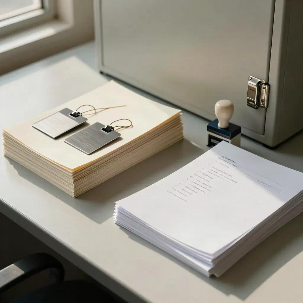 Vue zénithale de bacs de contrôle interne, tampon et armoire verrouillable sur bureau clair.