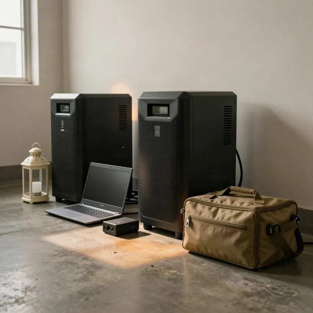 Salle de continuité avec onduleurs, lampe de secours, batteries et sac d’urgence sur béton.