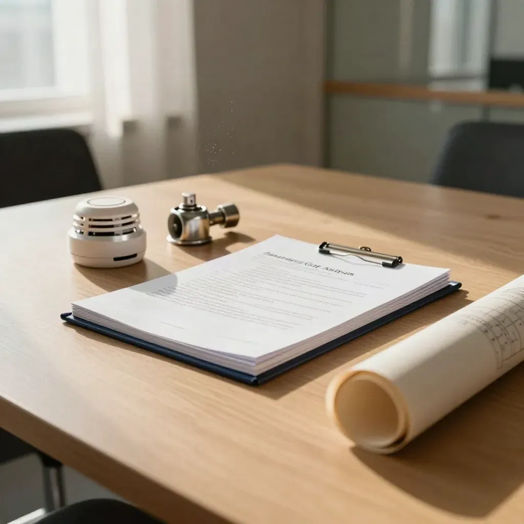 Dossier d’assurance avec alarme, sprinkler et plan roulé sur une table de réunion.