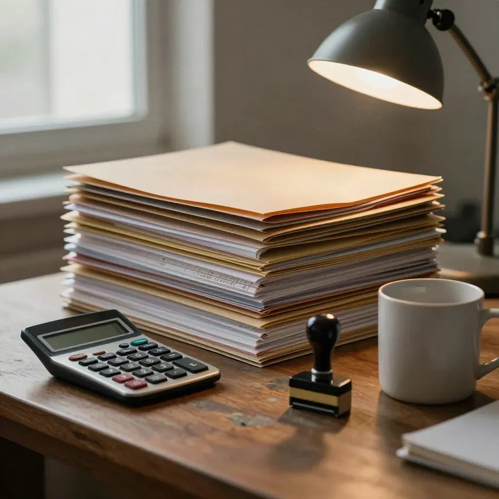 Bureau comptable de fin de mois avec dossiers fermés, calculatrice et tampon sous une lumière d’office.