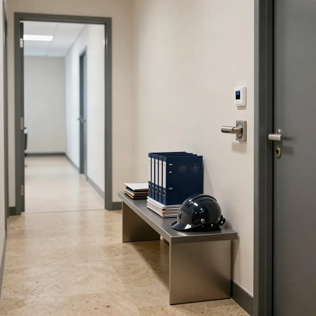 Couloir d’entreprise avec dossiers d’assurance, porte coupe-feu, alarme et casque de sécurité.
