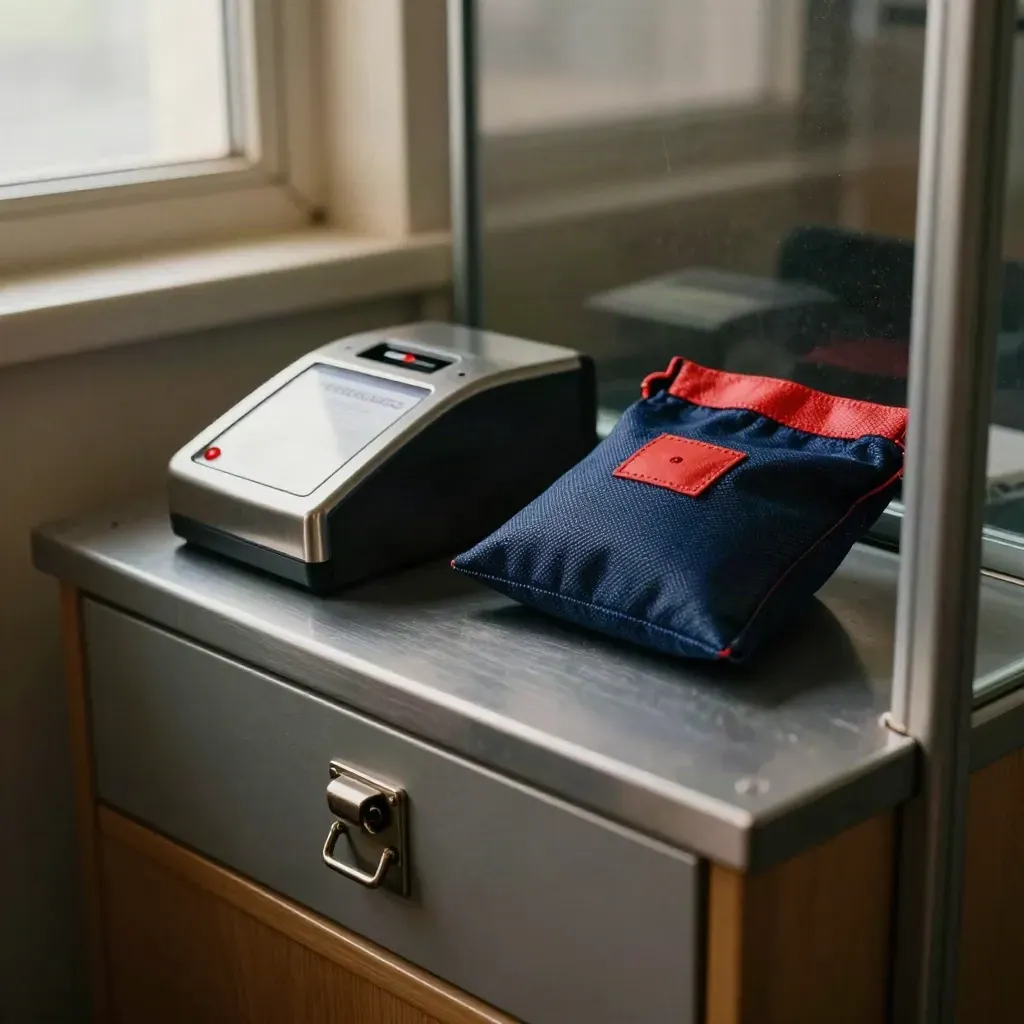 Coin de back-office avec lecteur de badges, tiroir verrouillé et pochette scellée sur comptoir acier.