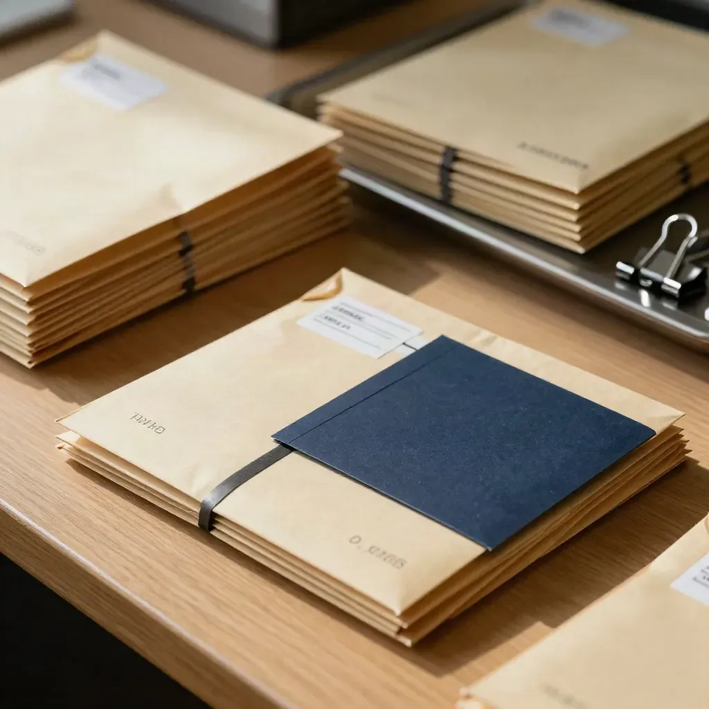 Pile d’achats isolée avec enveloppes scellées et lumière douce, accent bleu nuit.