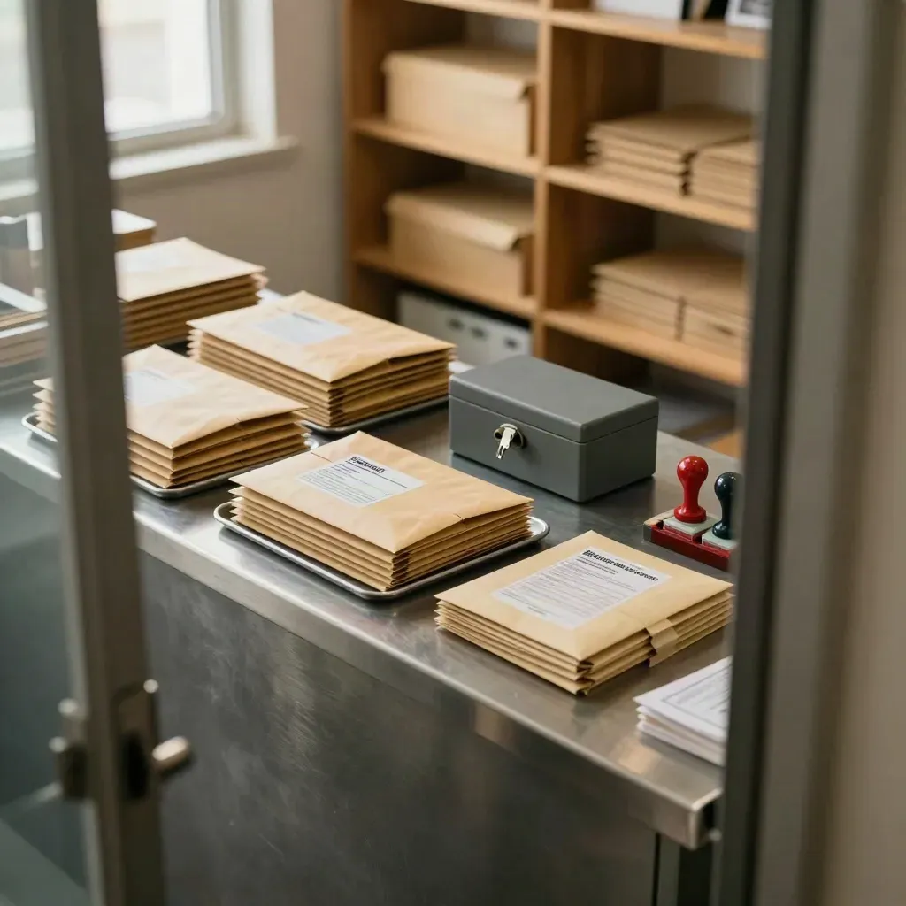 Contrôle conformité fournisseurs avec enveloppes scellées, coffret verrouillé et tampons d’approbation.