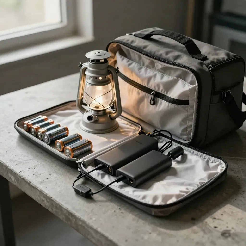Table de crise avec lanterne, batteries, chargeurs portables et kit d’urgence ouvert.