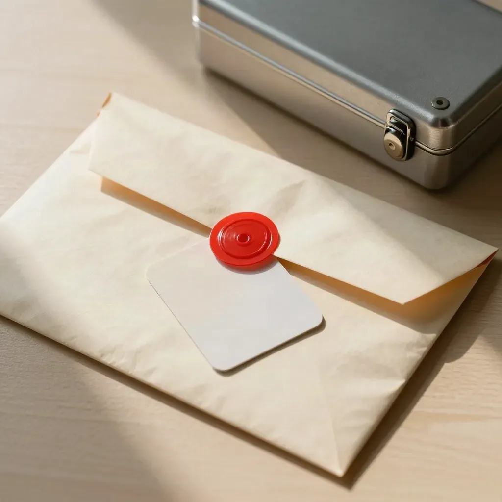 Enveloppe scellée, carte d’accès et coin de coffre-fort sur bois clair, lumière douce.
