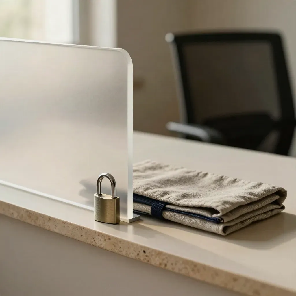 Écran de confidentialité translucide, petit cadenas et pochette de données devant une chaise floue.