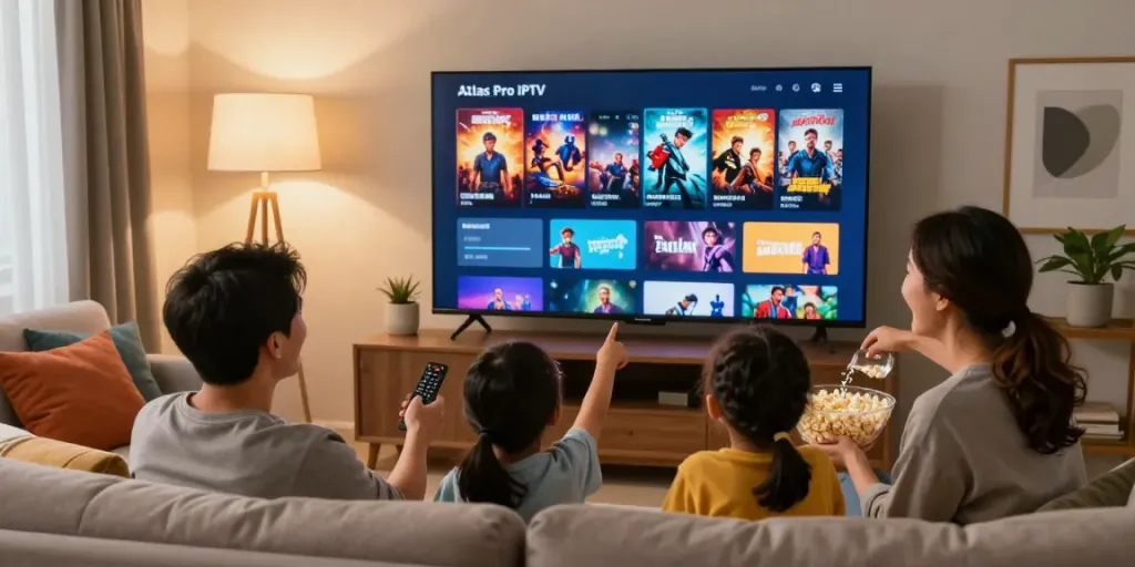Installation de l'application atlas pro iptv dans un salon familial chaleureux avec un écran de télévision et des enfants enthousiastes.