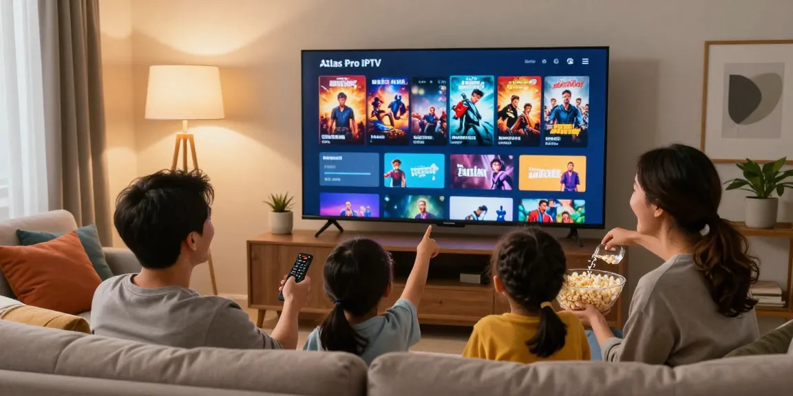 Installation de l'application atlas pro iptv dans un salon familial chaleureux avec un écran de télévision et des enfants enthousiastes.